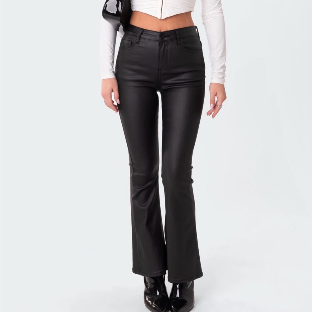 Edikted Petite Luna Faux Leather Flare Jeans